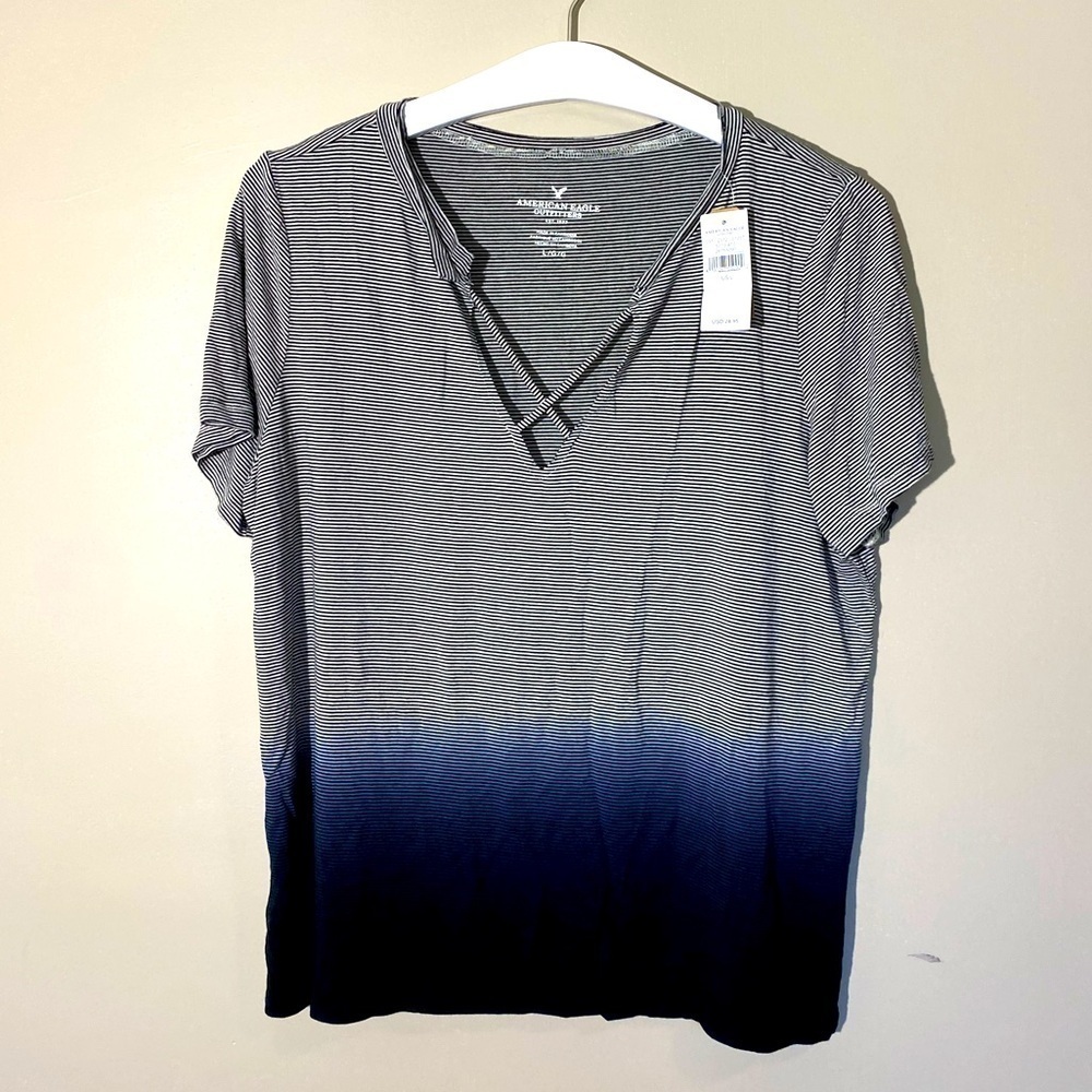 Blue and gray Ombré Striped Cross Front V Neck Tee, large, American Eagle